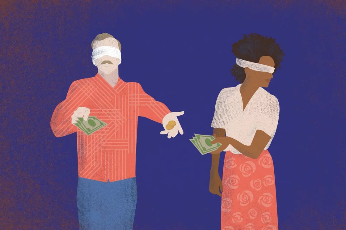 Man and woman blindfolded while giving money (Image credit: Gospel Patrons)