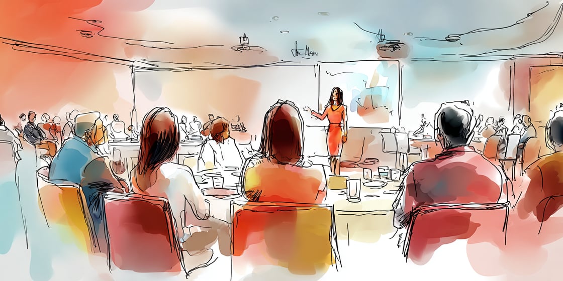 Watercolor depiction of a fundraiser audience