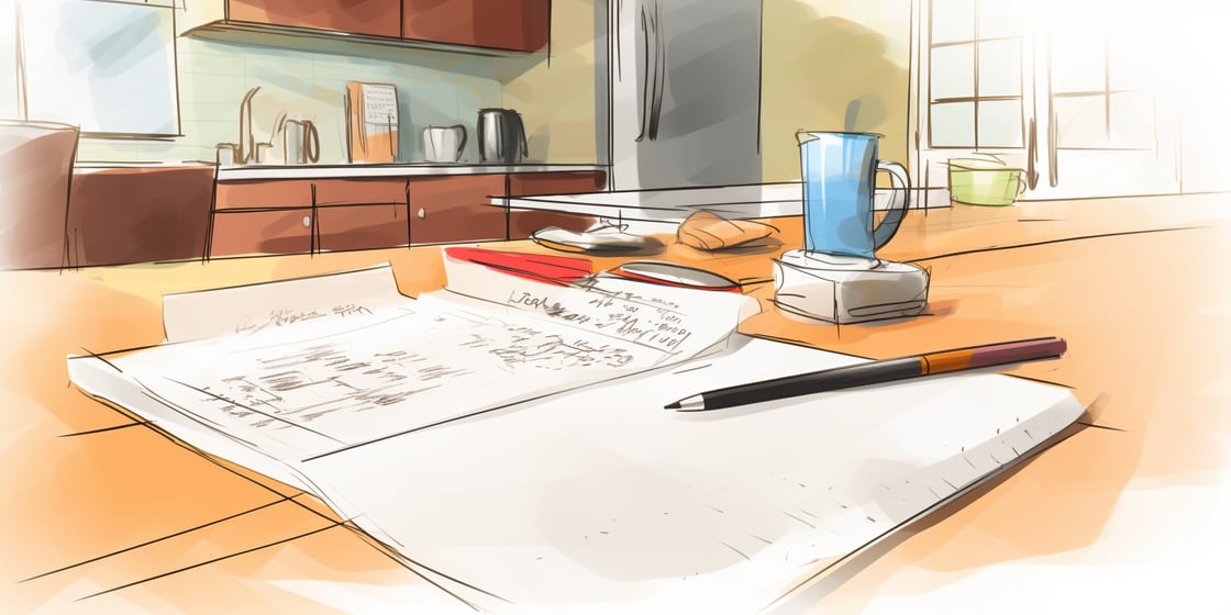 Watercolor depiction of notebook and pen open on kitchen table