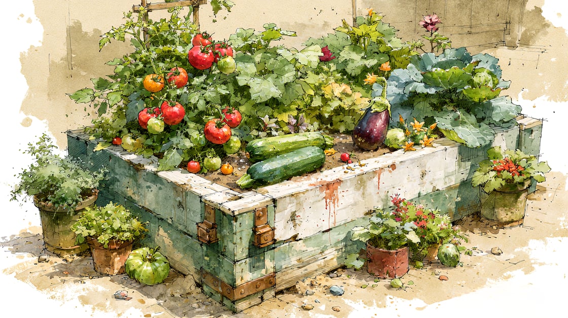 Watercolor depiction of fruitful raised garden bed