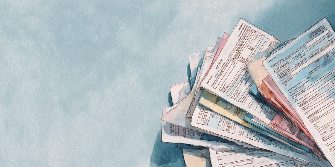 Watercolor depiction of tax forms