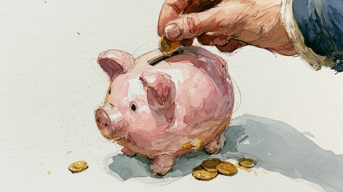 Watercolor depiction of a piggy bank with coins being inserted