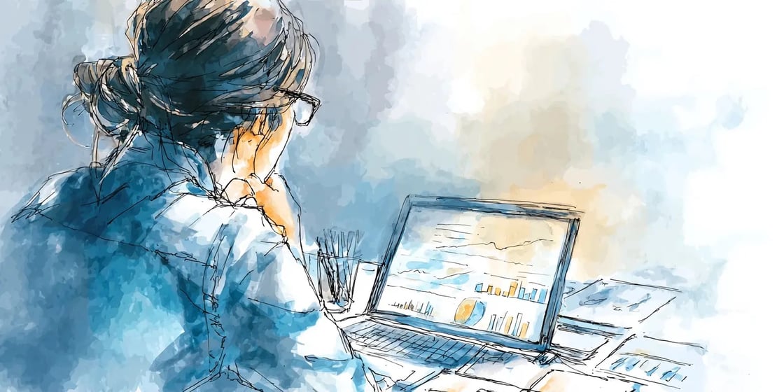 Illustration of a woman evaluating her finances at a laptop