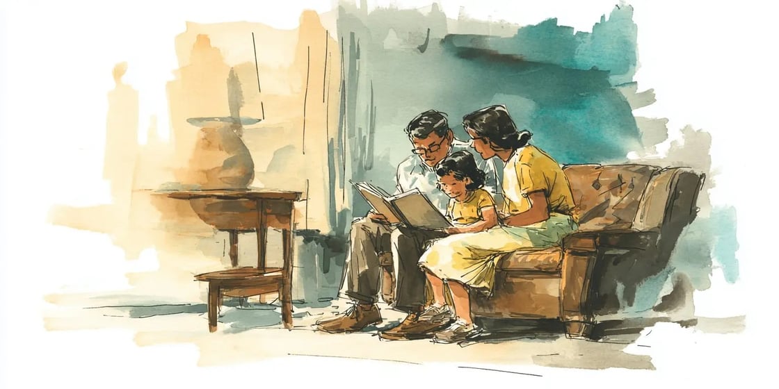 Illustration of a family reading together